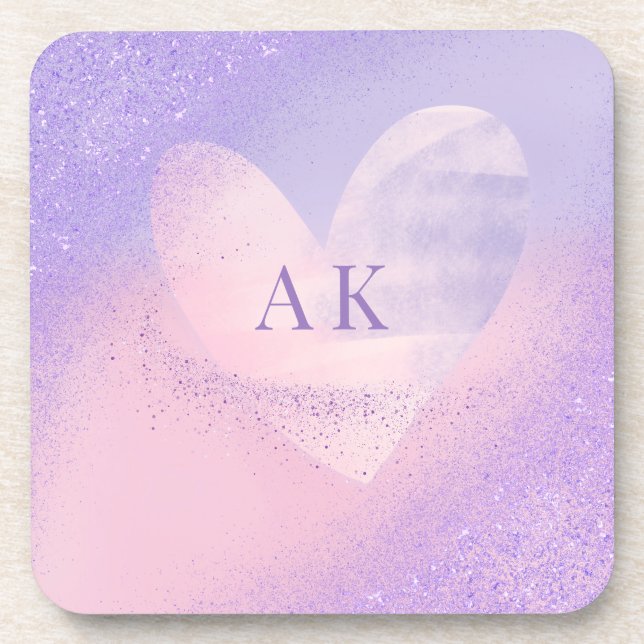 Monogramm Lila rosa Gradient Herz Getränkeuntersetzer (Vorderseite)