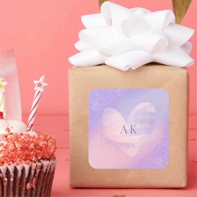 Monogramm Lila rosa Gradient Herz Quadratischer Aufkleber (Party)