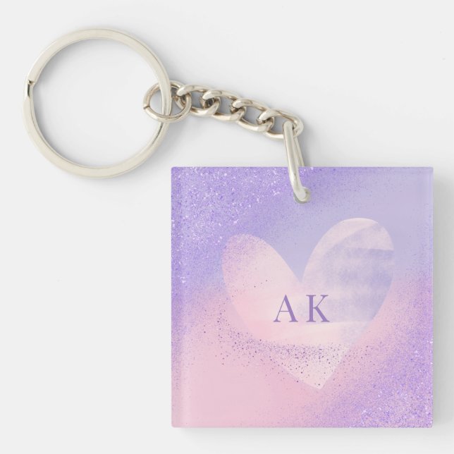 Monogramm Lila rosa Gradient Herz Schlüsselanhänger (Vorderseite)