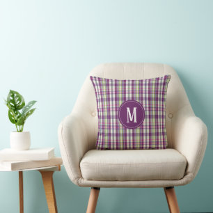 Monogramm Lila rosa Grünes Design Kariertes Muster Kissen