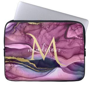 Monogramm Lila Rosa und Gold Achat Geode Laptopschutzhülle
