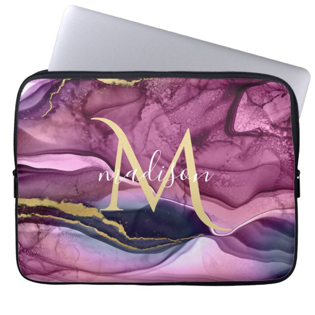 Monogramm Lila Rosa und Gold Achat Geode Laptopschutzhülle (Vorderseite)