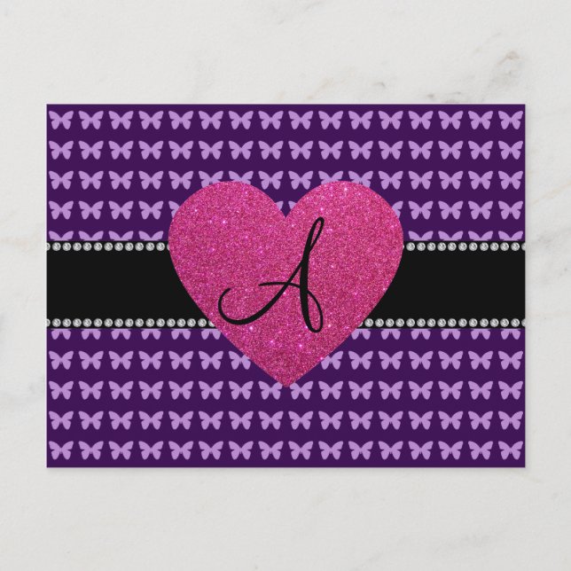Monogramm lila Schmetterlinge aus rosa Herzklopfen Postkarte (Vorderseite)