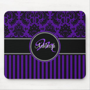 Monogramm Lila Schwarz-weißer Streifen Damask Mous Mousepad
