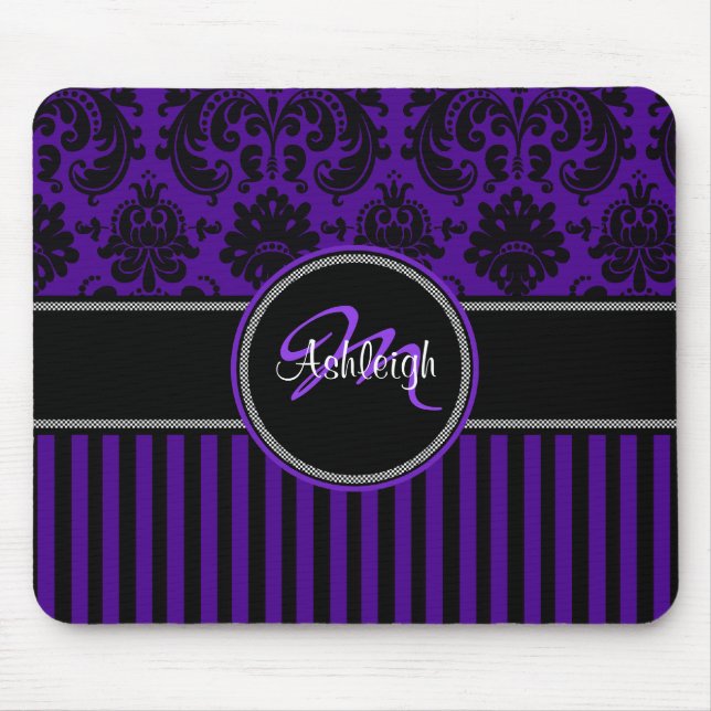 Monogramm Lila Schwarz-weißer Streifen Damask Mous Mousepad (Vorne)
