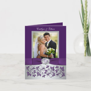 Monogramm Lila, Silber-Grau Floral Danke Karte