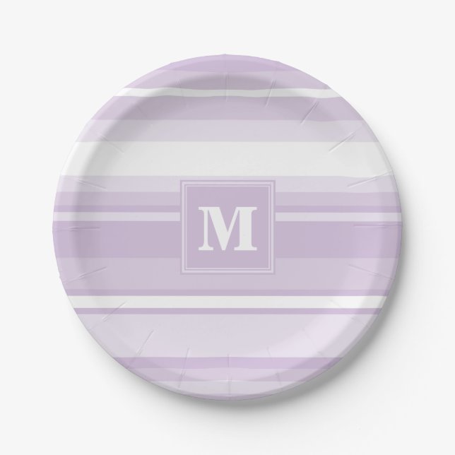 Monogramm lila Streifen Pappteller (Vorderseite)