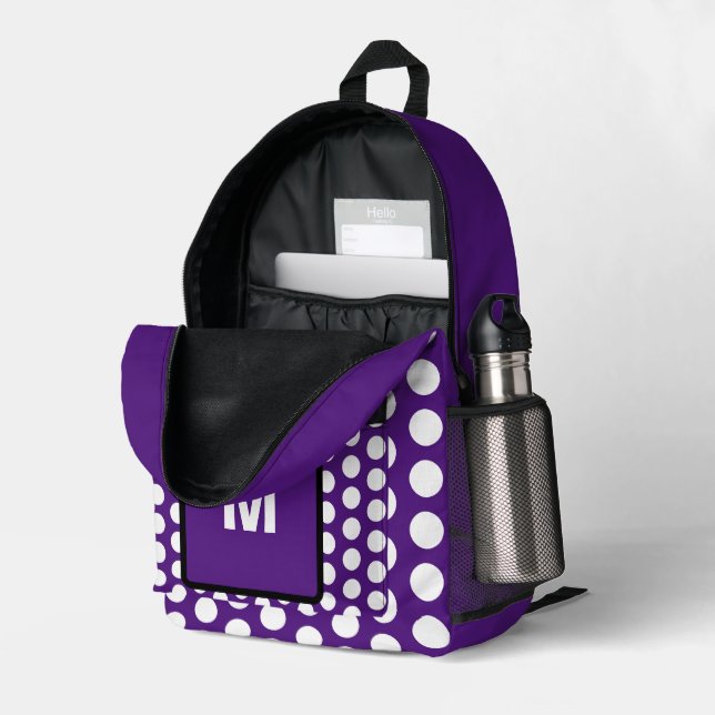 Monogramm Lila weiße Polka-Punkte Bedruckter Rucksack (Rückseitige Ecke links (Offen) )