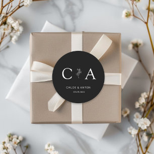 Monogramm, Line-Art-Blume, Hochzeit, Schwarz Runder Aufkleber