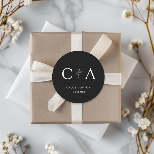 Monogramm, Line-Art-Blume, Hochzeit, Schwarz Runder Aufkleber (Von Creator hochgeladen)