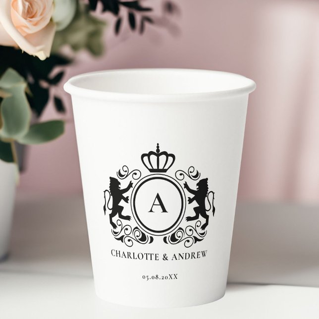 Monogramm, Logo, Emblem & Löwen Hochzeit Papier Ta Pappbecher (Monogram, logo, emblem & lion weddings Paper cup with your monogram,name and date.)