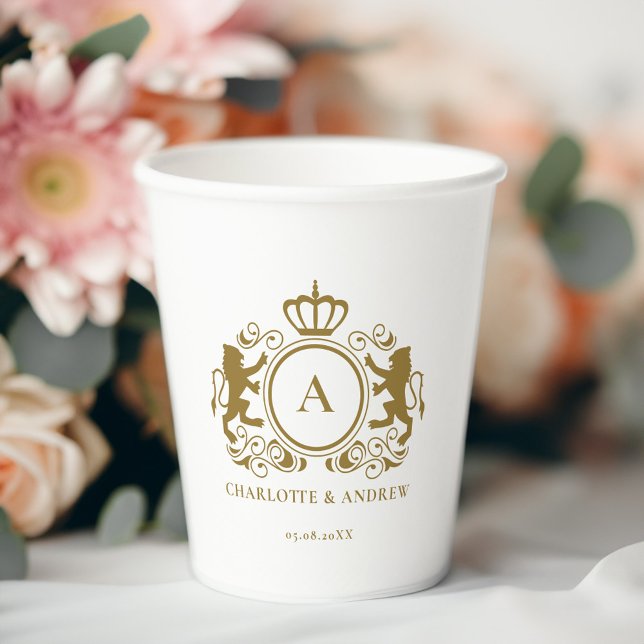 Monogramm, Logo, Emblem & Löwen Hochzeit Papier Ta Pappbecher (Monogram, logo, emblem & lion weddings Paper cup with your monogram,name and date.)