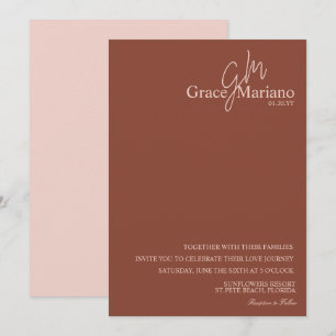 Monogramm Logo Hochzeit in Braun Pink Schrift   Einladung