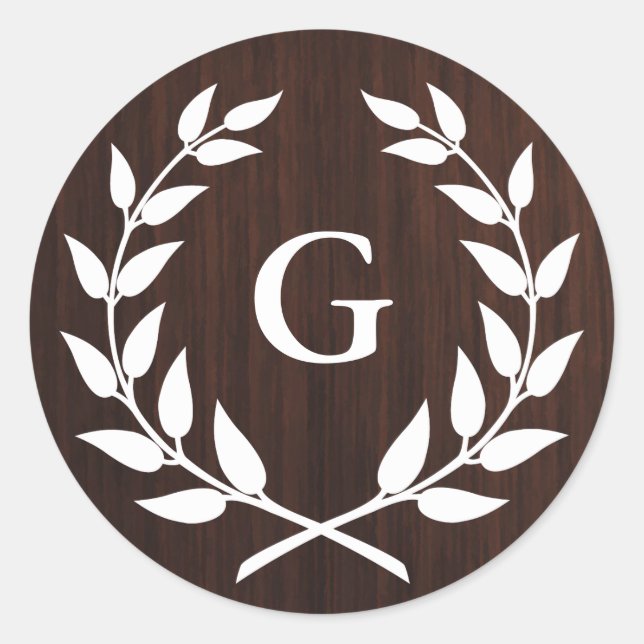 Monogramm Lorbeerkranz rustikales Holz Muster Runder Aufkleber (Vorderseite)