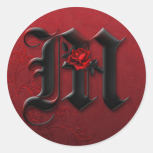 Monogramm M-Aufkleber für Schwarz und Rote Rose Runder Aufkleber