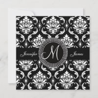 Monogramm M Damast Hochzeitskarten in Schwarz
