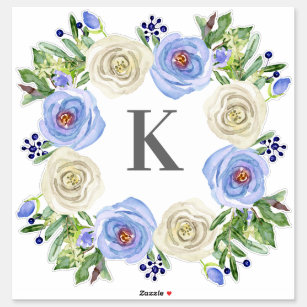 Monogramm M, das blaue weiße RoseblumenWreath n Aufkleber