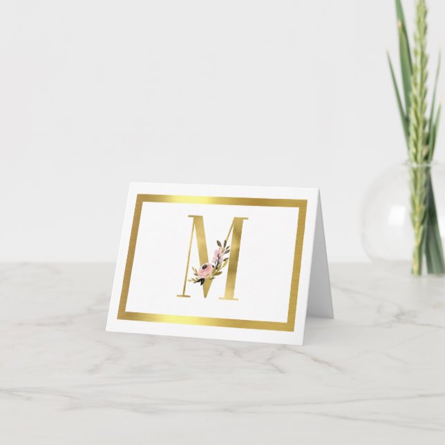 Monogramm M Floral Note Card Gold Karte (Vorderseite)