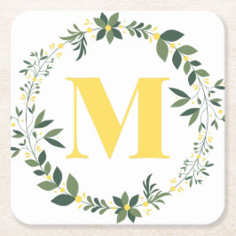 Monogramm M in Gold/Lemon mit Blumenring Rechteckiger Pappuntersetzer