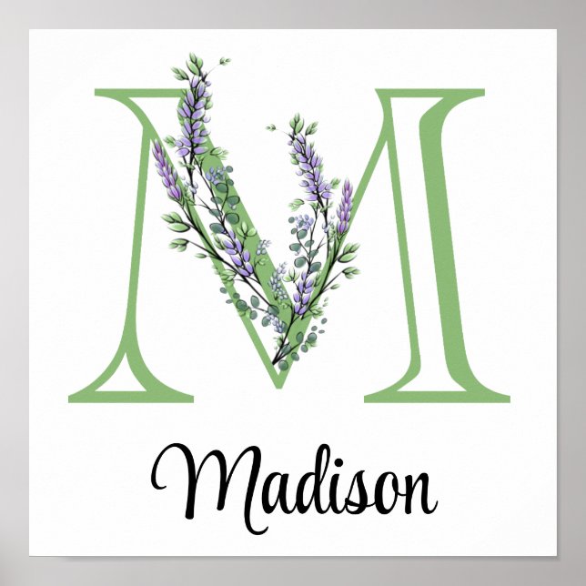 Monogramm M Lavendel-Eukalyptus-Kinderzimmer  Poster (Vorne)