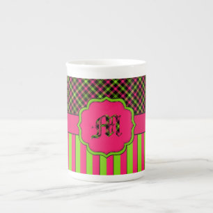 Monogramm M Tartan China Tasse, Neon/Rosa Prozellantasse