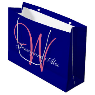 Monogramm-Marine-Blau-Azaleen-Rosa-Hochzeit Große Geschenktüte