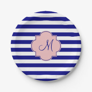 Monogramm-Marine-Blau-und Baby-Rosa-gestreiftes Pappteller