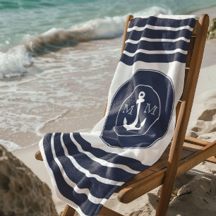 Monogramm Marine Modern Navyblau Weiße Streifen Strandtuch