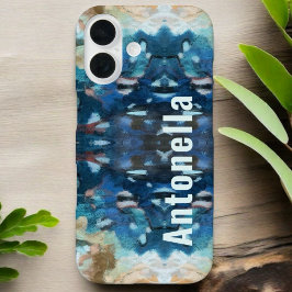 Monogramm Marineblau aquamarin Creme abstrakte Was iPhone 16 Hülle