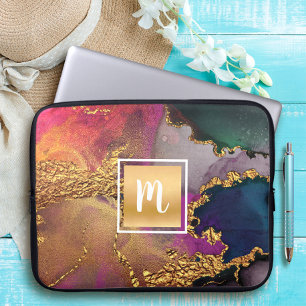 Monogramm Marmor Aquarellgold lila blau grün Laptopschutzhülle