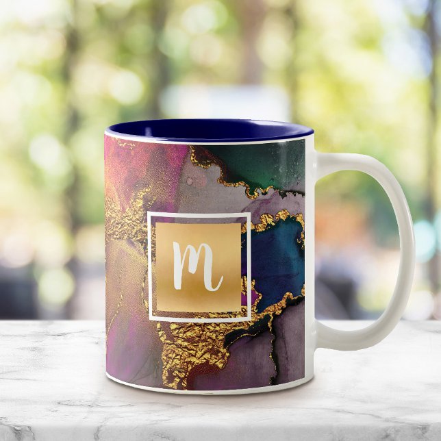 Monogramm Marmor Aquarellgold lila-grün Zweifarbige Tasse (Von Creator hochgeladen)