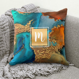 Monogramm Marmor Aquarellgold Türkis Orange Kissen
