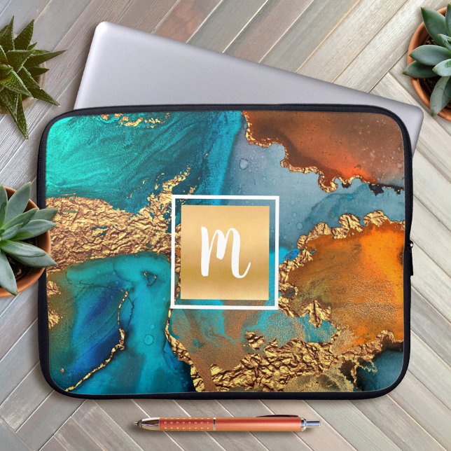 Monogramm Marmor Aquarellgold Türkis Orange Laptopschutzhülle (Von Creator hochgeladen)