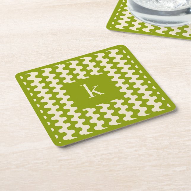 Monogramm Matcha-Lime-Grün Fettes Wellenmuster Rechteckiger Pappuntersetzer (angewinkelt)