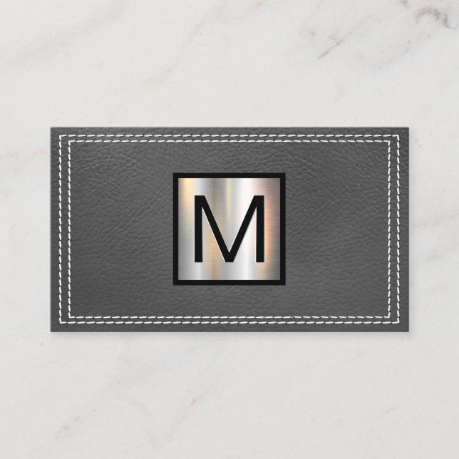 Monogramm Metallic | Doppelgeheftes graues Leder Visitenkarte (Vorderseite)