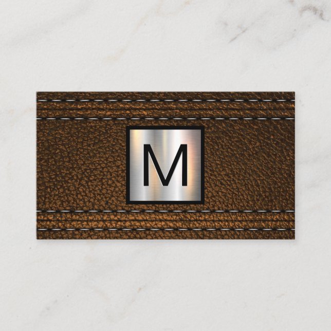 Monogramm Metallic | Doppelhaltiges braunes Leder Visitenkarte (Vorderseite)