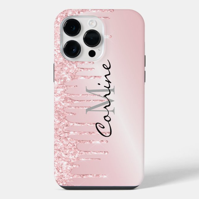 Monogramm Metallischer Rosé Glitter iPhone Hülle (Rückseite)