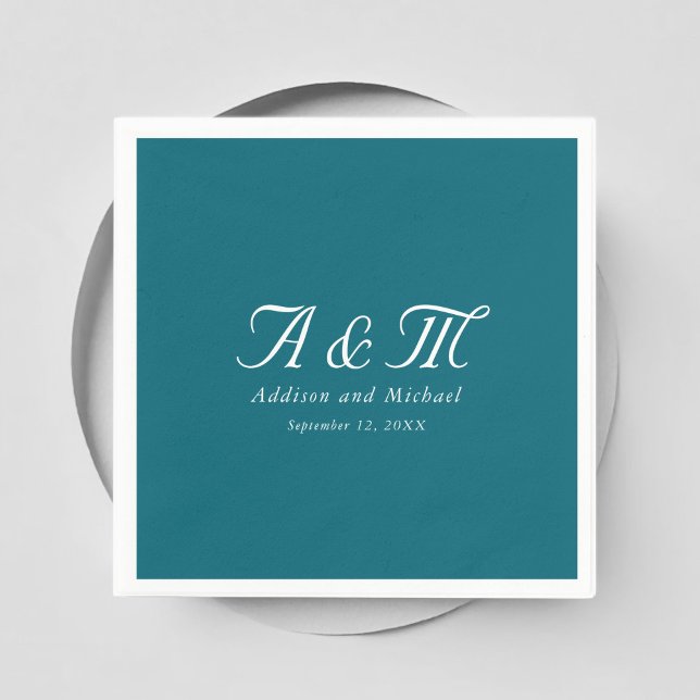 Monogramm, Minimal, elegant, Benzin, Hochzeit Serviette (Monogram, Minimal, Elegant, Petrol, Wedding Napkins with your name and date.)