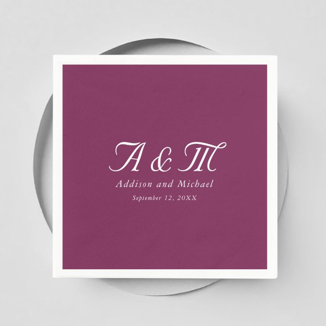 Monogramm, Minimal, elegant, Kirschrot, Hochzeit Serviette (Monogram, Minimal, Elegant, Cherry Red, Wedding Napkins with your name and date.)