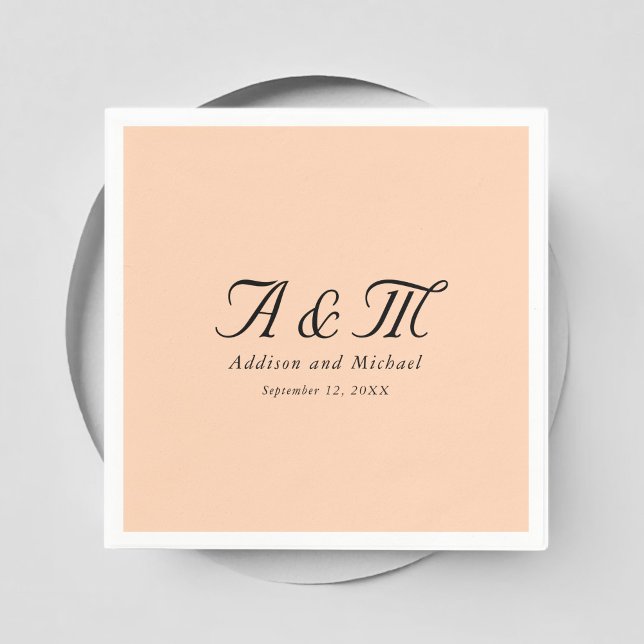 Monogramm, Minimal, elegant, Pfirsich, Hochzeit Serviette (Monogram, Minimal, Elegant, Peach, Wedding Napkins with your names and date.)
