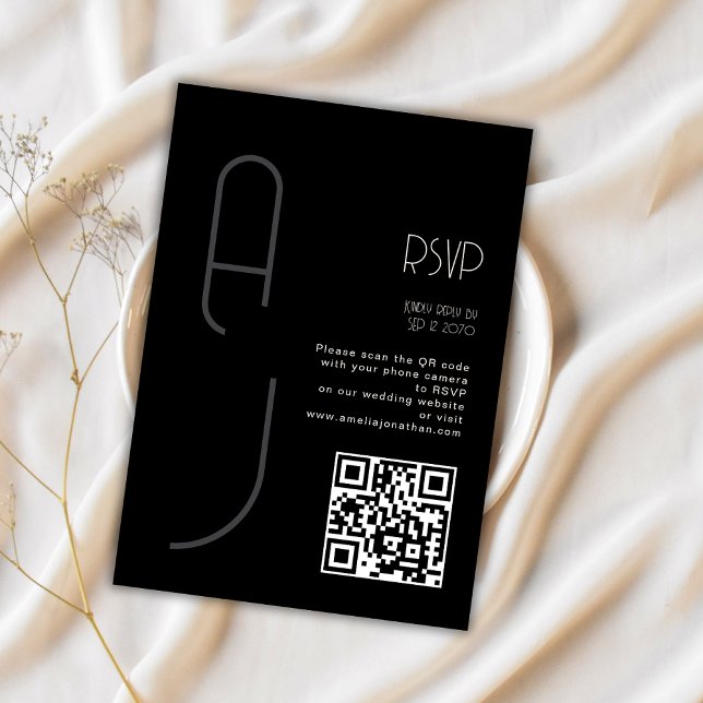 Monogramm-Minimal-Hochzeit-Qr-Code Schwarz RSVP  Karte (Von Creator hochgeladen)