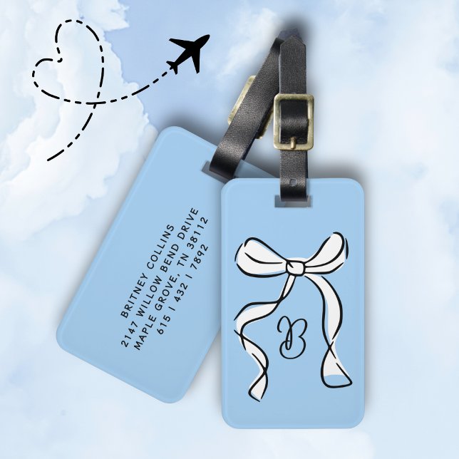 Monogramm-Minimal-Script-Cocquette-Schleife Blau Gepäckanhänger (Sweet, chic, and ready to jet set ✈️)