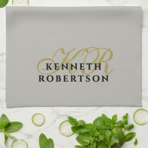 Monogramm Minimalist Grau Gold Schwarz Männer Neut Geschirrtuch
