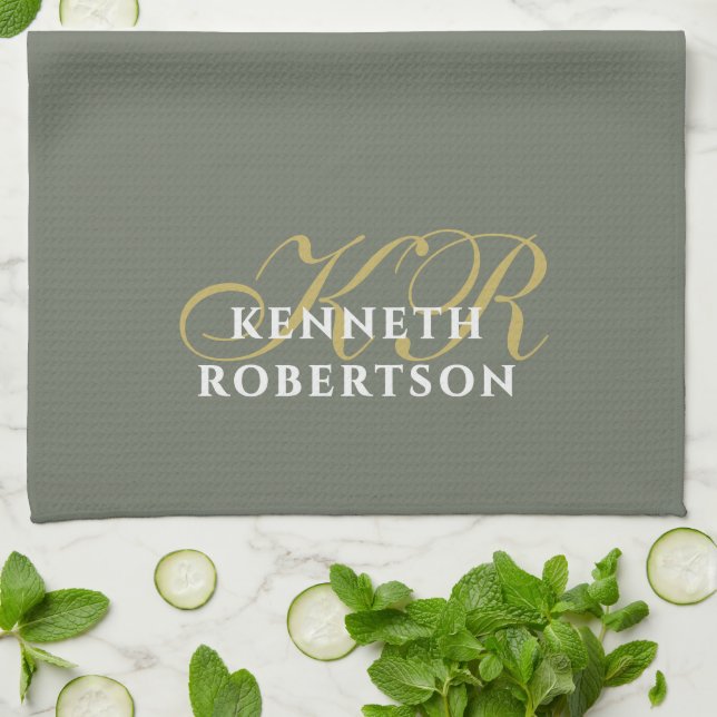  Monogramm Minimalist Olivgrün Gold Weiß Männer  Geschirrtuch (Gefaltet)