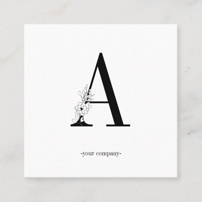 Monogramm, minimalistic Blumen schwarz weiss Quadratische Visitenkarte (Vorderseite)