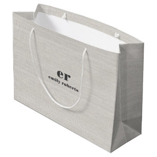 Monogramm minimalistisches Weiß-Burlap-Grau-Typogr Große Geschenktüte