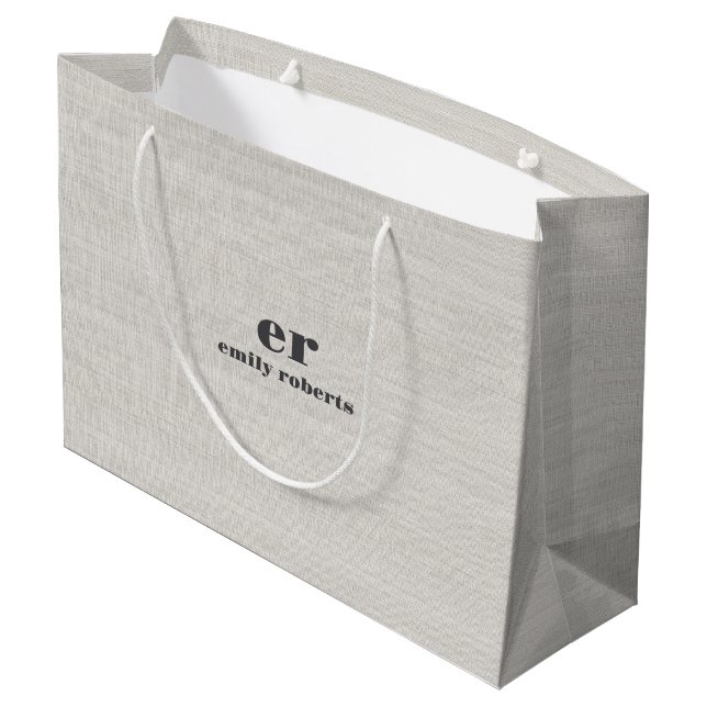 Monogramm minimalistisches Weiß-Burlap-Grau-Typogr Große Geschenktüte (Rückseite Schrägansicht)