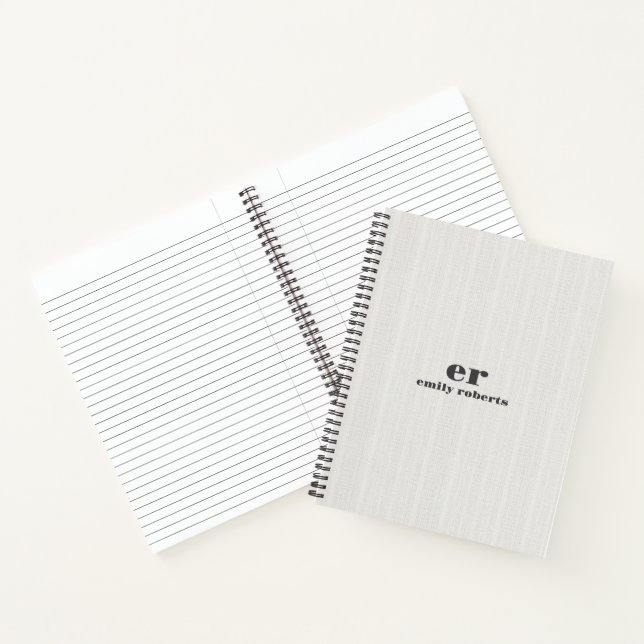 Monogramm Minimalistisches Weiß Leinen Grau Typogr Notizbuch (Innenseite)