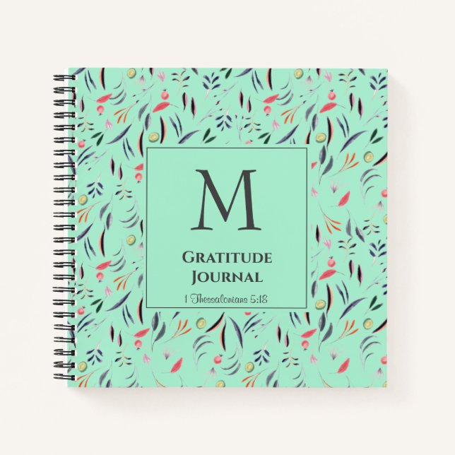 Monogramm | Mint Green | Floral | GRATITUDE JOURNA Notizbuch (Vorderseite)
