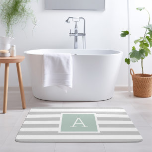 Monogramm Minze und graue Streifen Editierbare F Badematte